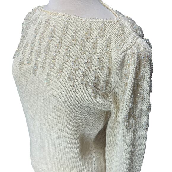 VTG 80s Glam Beaded Hand Knit Sweater Sz L Angora Wool Fringe Puff Sleeve Party - Picture 7 of 13